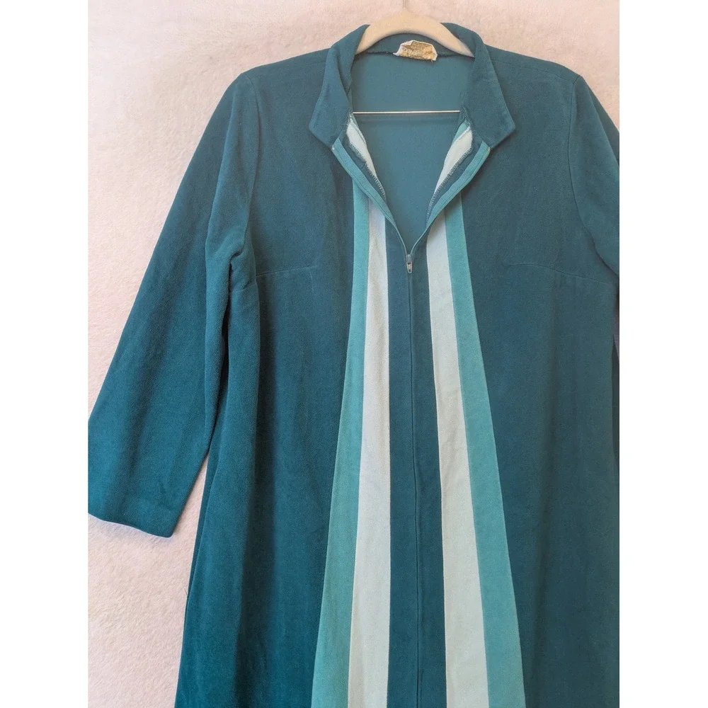 JCPenney Loungewear Maxi Robe Women's 12 Teal Blue Striped Vintage Zip Up 70s
